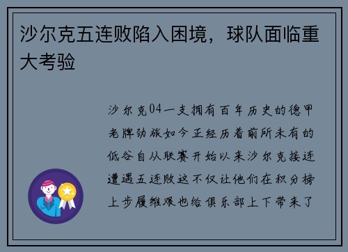 沙尔克五连败陷入困境，球队面临重大考验