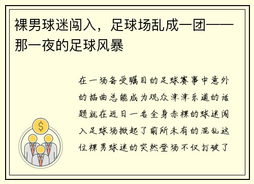 裸男球迷闯入，足球场乱成一团——那一夜的足球风暴