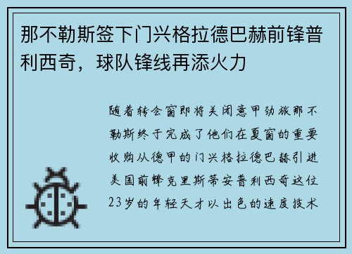 那不勒斯签下门兴格拉德巴赫前锋普利西奇，球队锋线再添火力